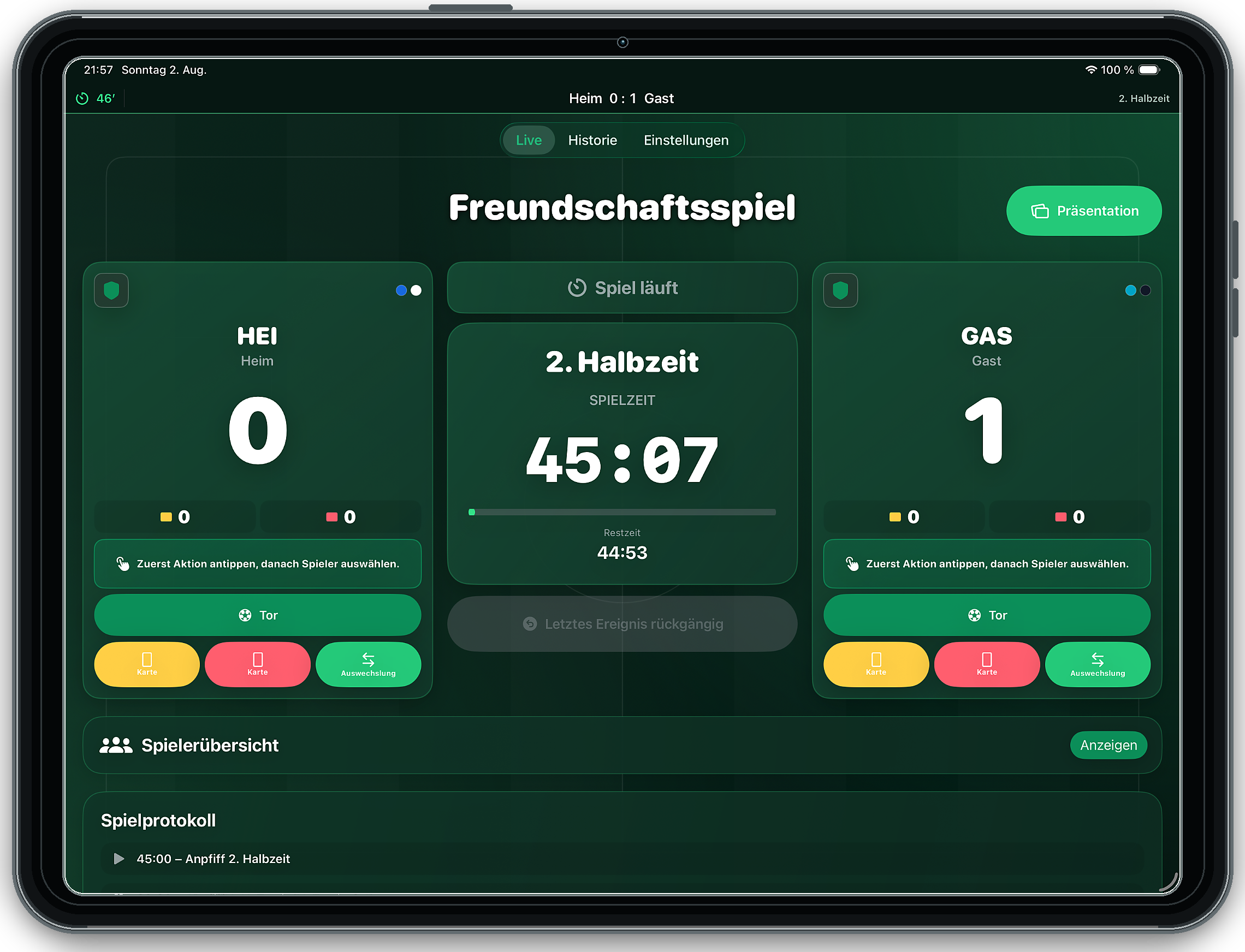 Vista en directo de MatchControl: Soccer Live versión 1.1 en un iPad en formato horizontal